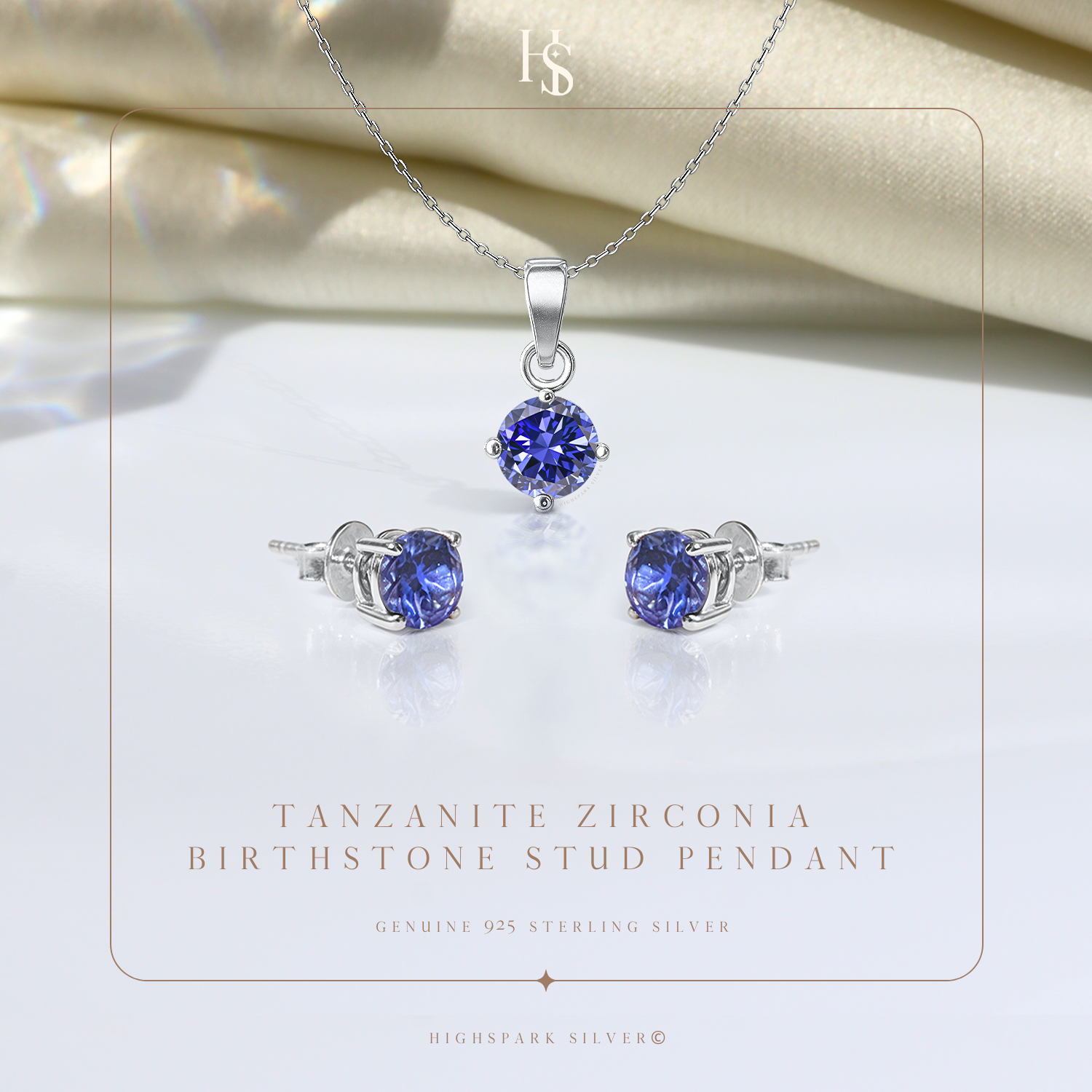 Tanzanite Zirconia Birthstone Stud Pendant-Set With Earrings in 925 Sterling Silver For Women HighSpark