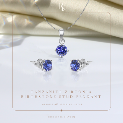 Tanzanite Zirconia Birthstone Stud Pendant-Set With Earrings in 925 Sterling Silver For Women HighSpark