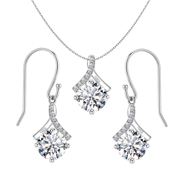 A starlit solitaire jewellery set with a pendant and hook earrings featuring a large round American diamond in a sterling silver setting.