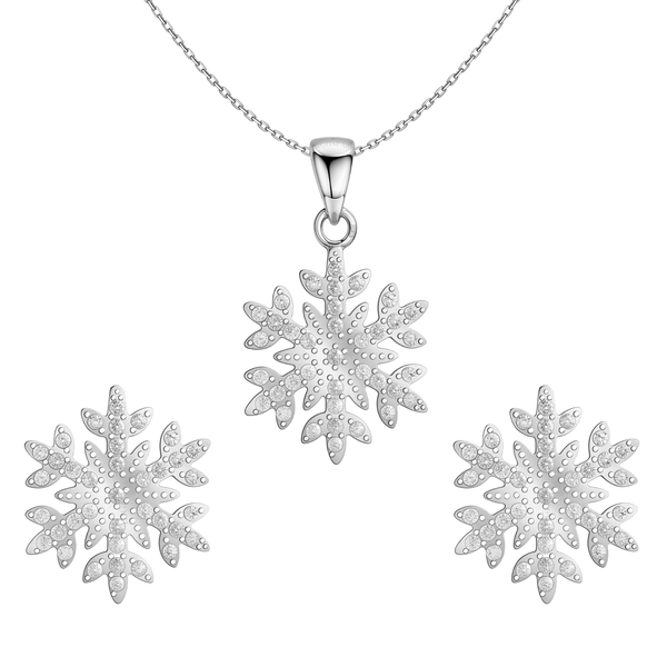 A sterling silver pendant necklace and matching stud earrings set in a snowflake motif.