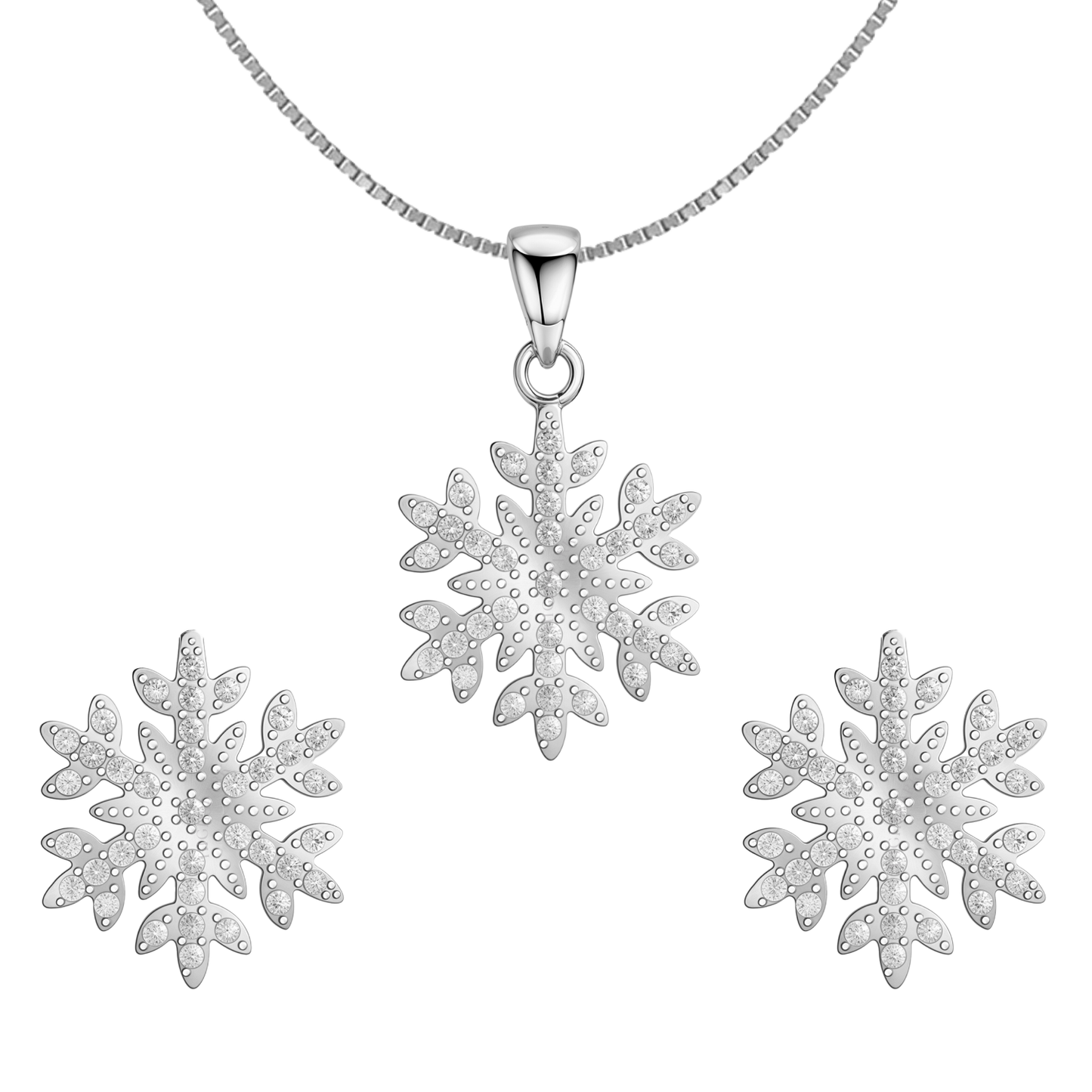 Snowflake Solitaire Earrings, Pendant & Chain Set in 92.5 Sterling Silver With Diamond like Brilliance Zirconia