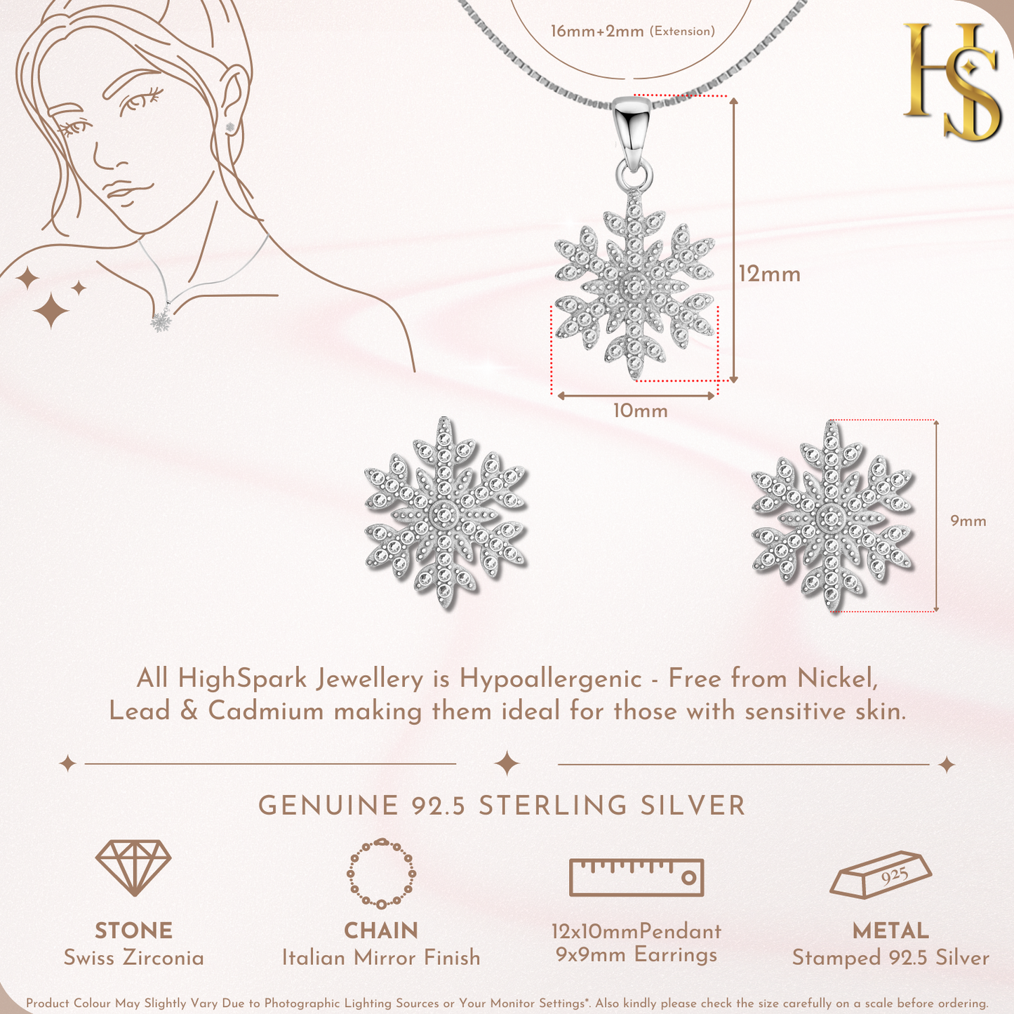 Snowflake Solitaire Earrings, Pendant & Chain Set in 92.5 Sterling Silver With Diamond like Brilliance Zirconia