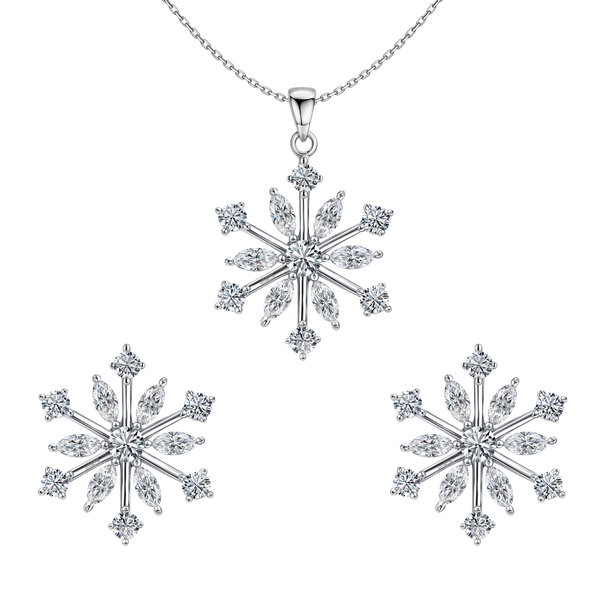 A sterling silver jewellery set with a snowflake pendant necklace and matching stud earrings.