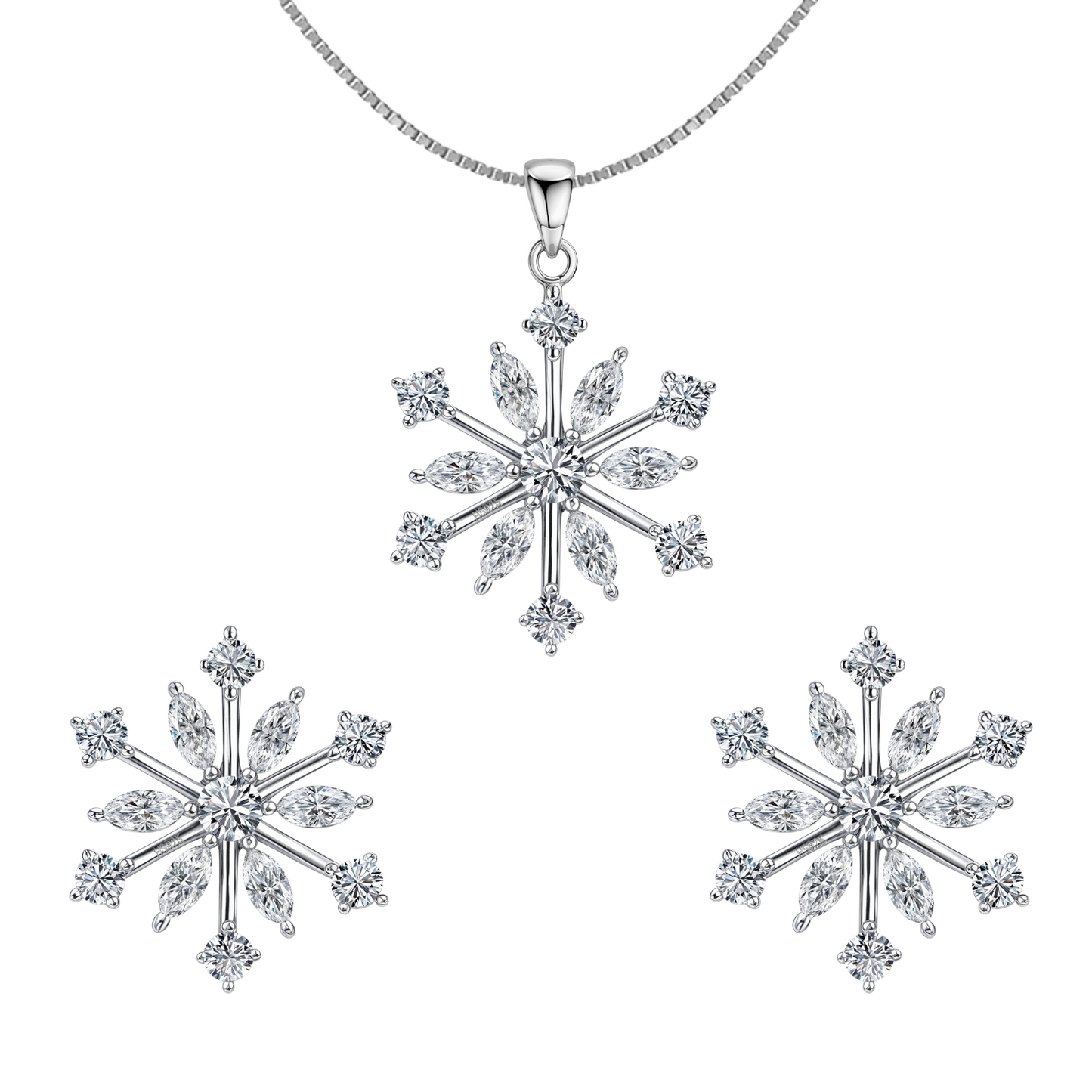 Classic Snowflake Solitaire Earrings, Pendant & Chain Set in 92.5 Sterling Silver With Diamond like Brilliance Zirconia