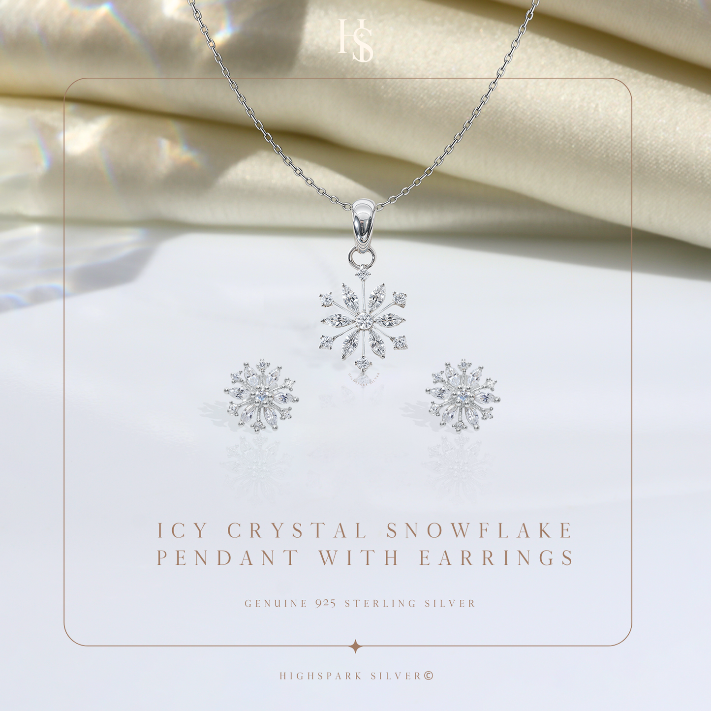 Classic Snowflake Solitaire Earrings, Pendant & Chain Set in 92.5 Sterling Silver With Diamond like Brilliance Zirconia