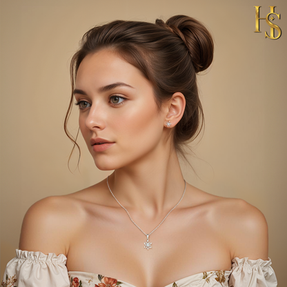 Classic Snowflake Solitaire Earrings, Pendant & Chain Set in 92.5 Sterling Silver With Diamond like Brilliance Zirconia