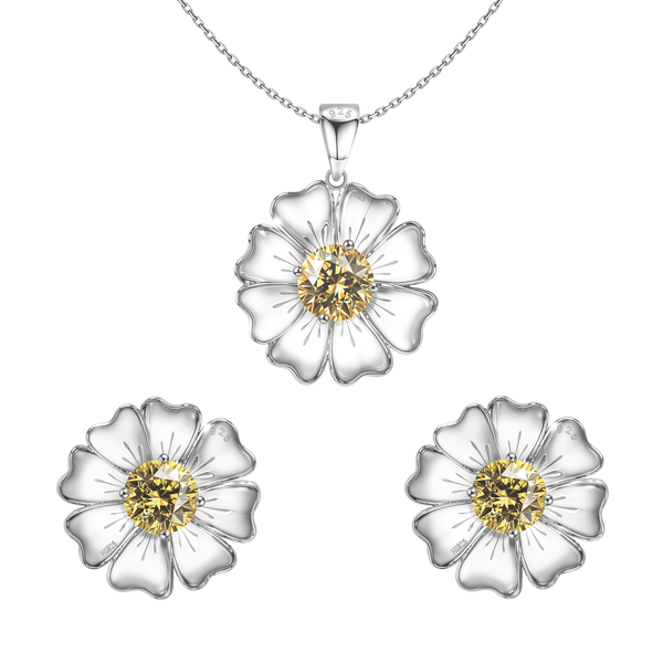 A sterling silver jewellery set with a sunflower pendant necklace and matching stud earrings, each with a yellow American diamond center.