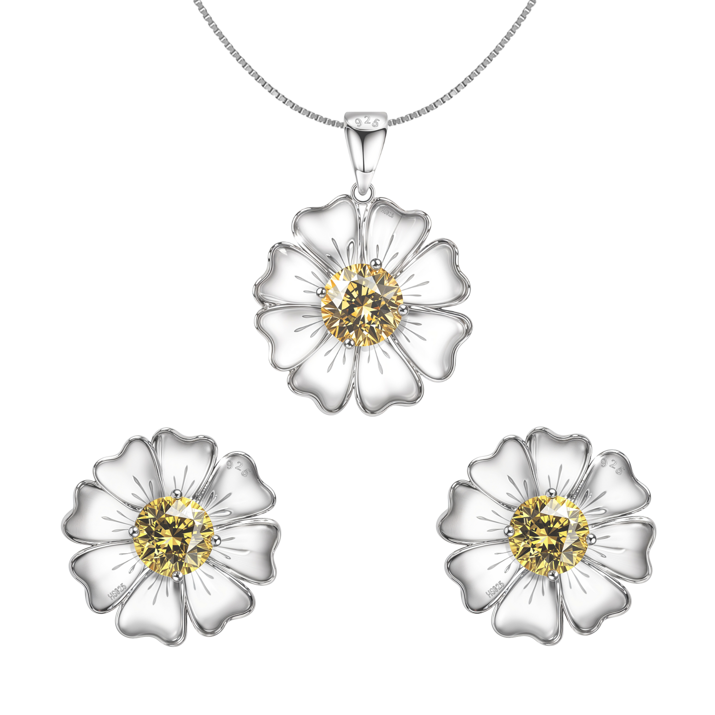 Sunflower Solitaire Earrings, Pendant & Chain Set in 92.5 Sterling Silver With Diamond like Brilliance Zirconia