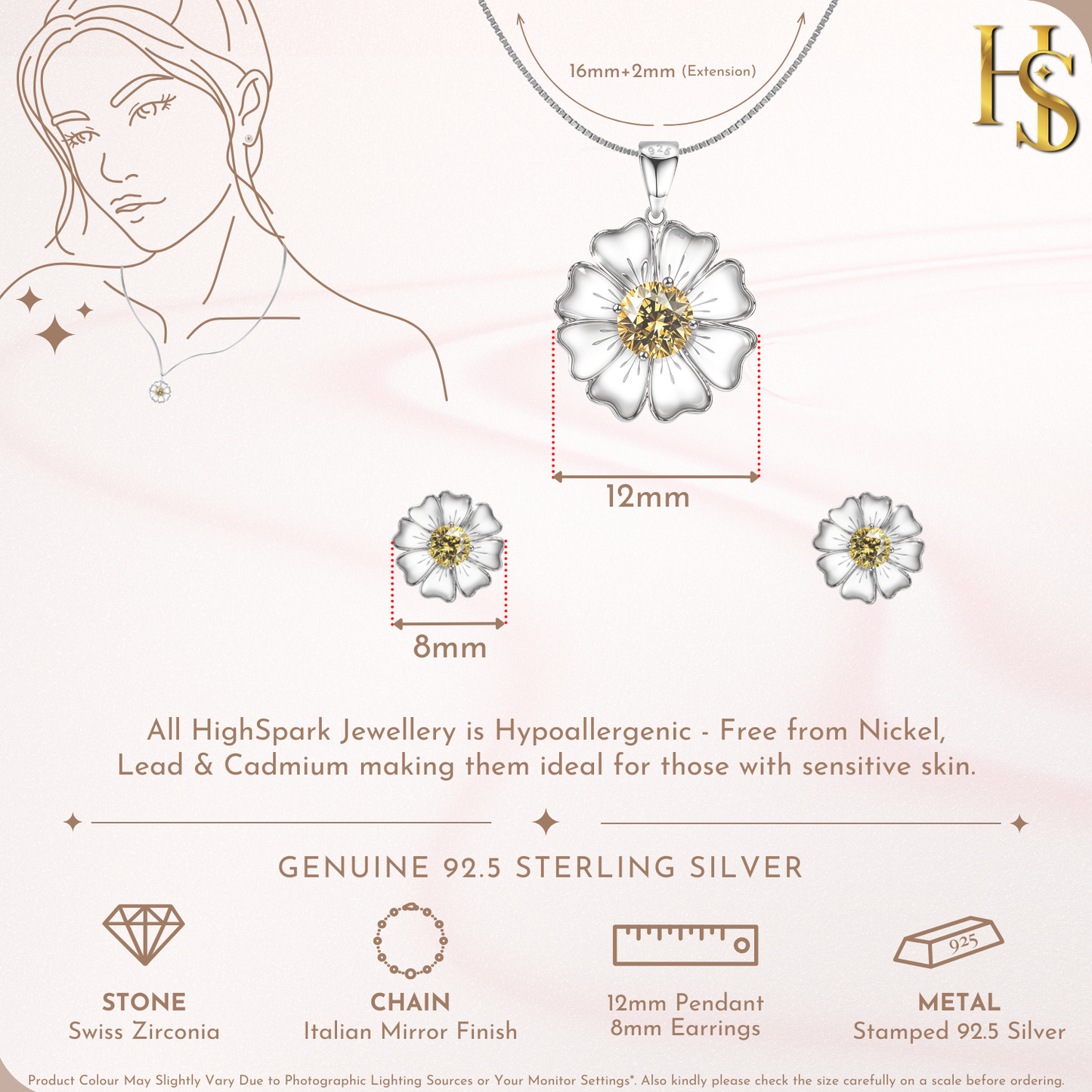 Sunflower Solitaire Earrings, Pendant & Chain Set in 92.5 Sterling Silver With Diamond like Brilliance Zirconia