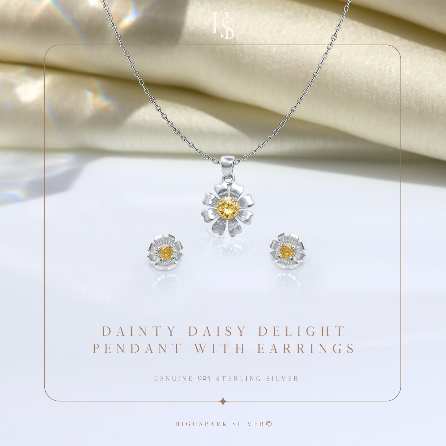 Sunflower Solitaire Earrings, Pendant & Chain Set in 92.5 Sterling Silver With Diamond like Brilliance Zirconia