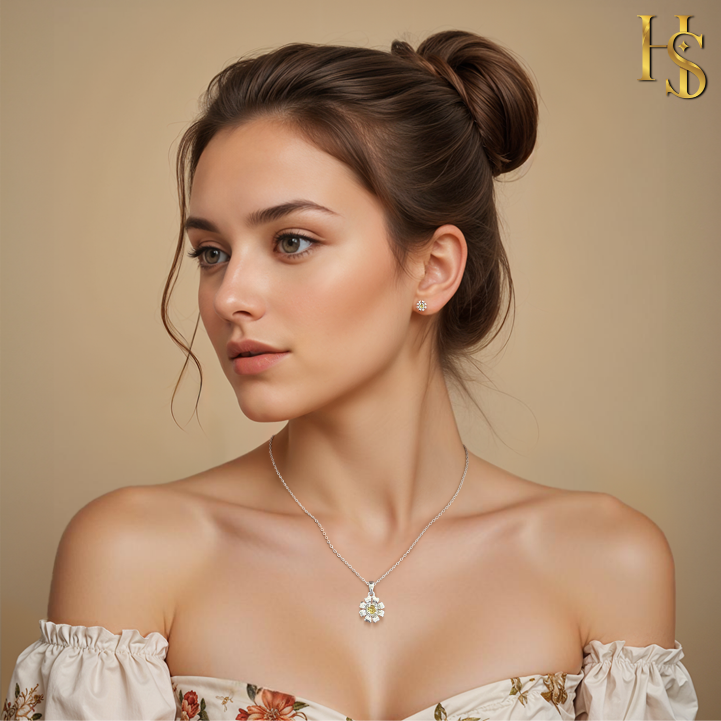 Sunflower Solitaire Earrings, Pendant & Chain Set in 92.5 Sterling Silver With Diamond like Brilliance Zirconia