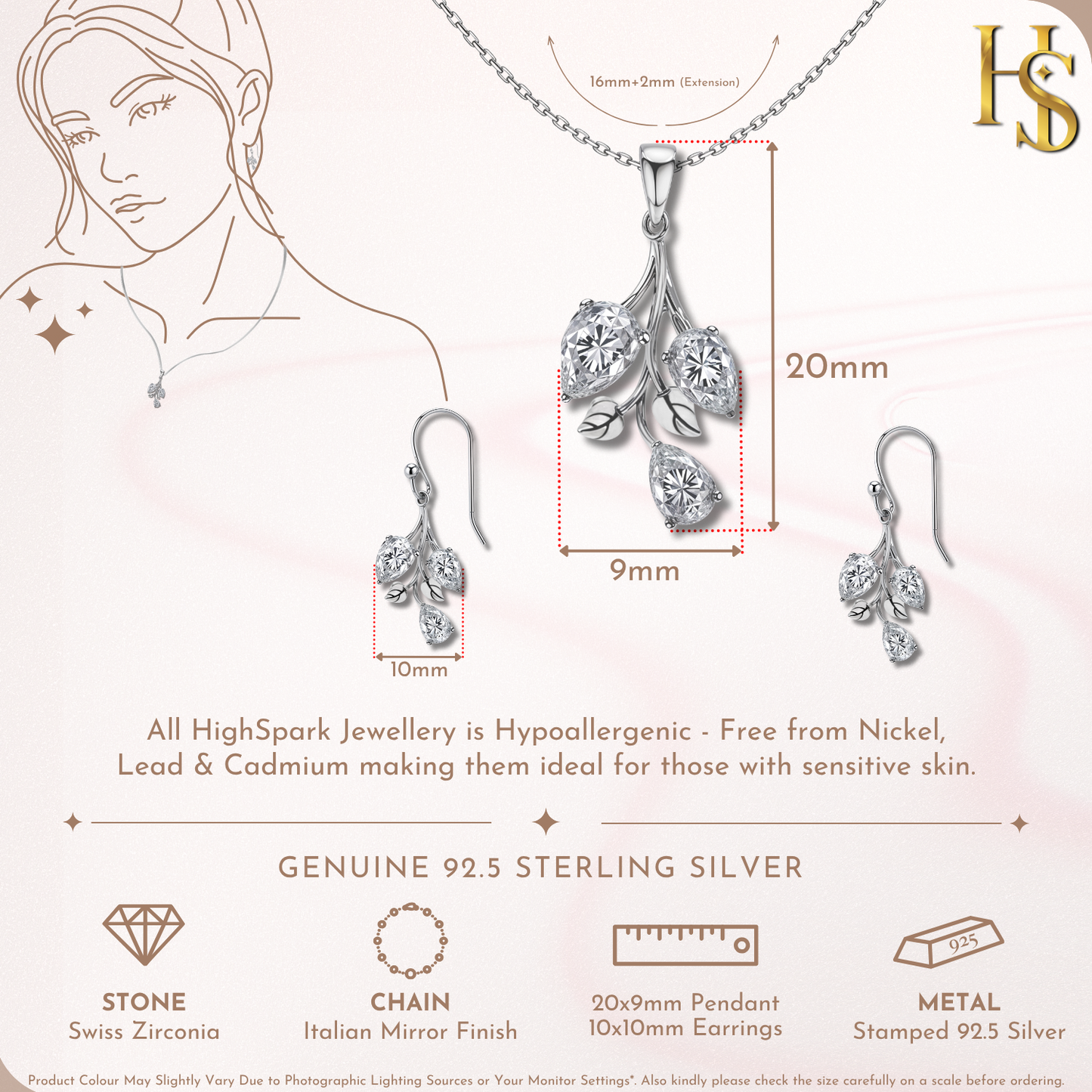 Tulip Flower Solitaire Earrings, Pendant & Chain Set in 92.5 Sterling Silver With Diamond like Brilliance Zirconia