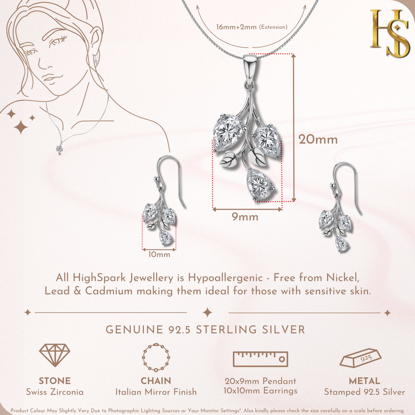 Tulip Flower Solitaire Earrings, Pendant & Chain Set in 92.5 Sterling Silver With Diamond like Brilliance Zirconia