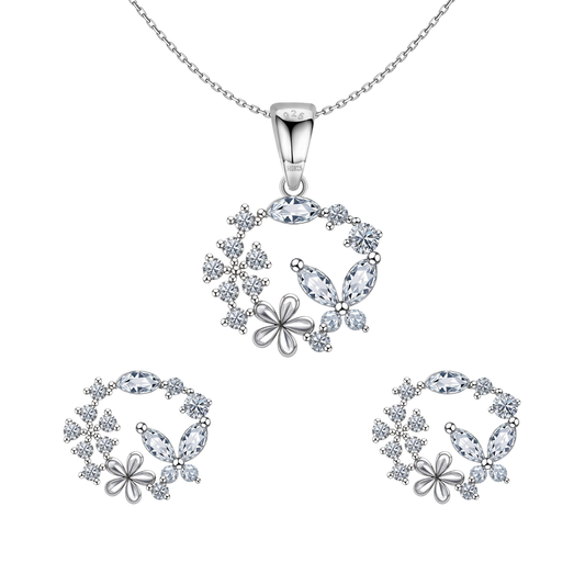 Butterfly Flower Wreath Solitaire Earrings, Pendant & Chain Set in 92.5 Sterling Silver With Diamond like Brilliance Sparkling Zirconia