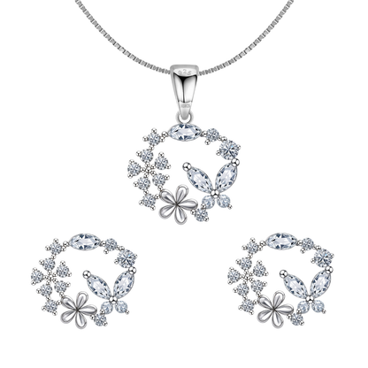 Butterfly Flower Wreath Solitaire Earrings, Pendant & Chain Set in 92.5 Sterling Silver With Diamond like Brilliance Sparkling Zirconia