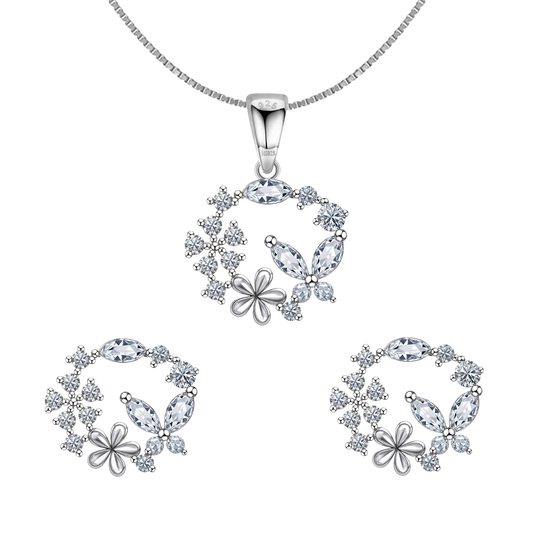 Butterfly Flower Wreath Solitaire Earrings, Pendant & Chain Set in 92.5 Sterling Silver With Diamond like Brilliance Sparkling Zirconia