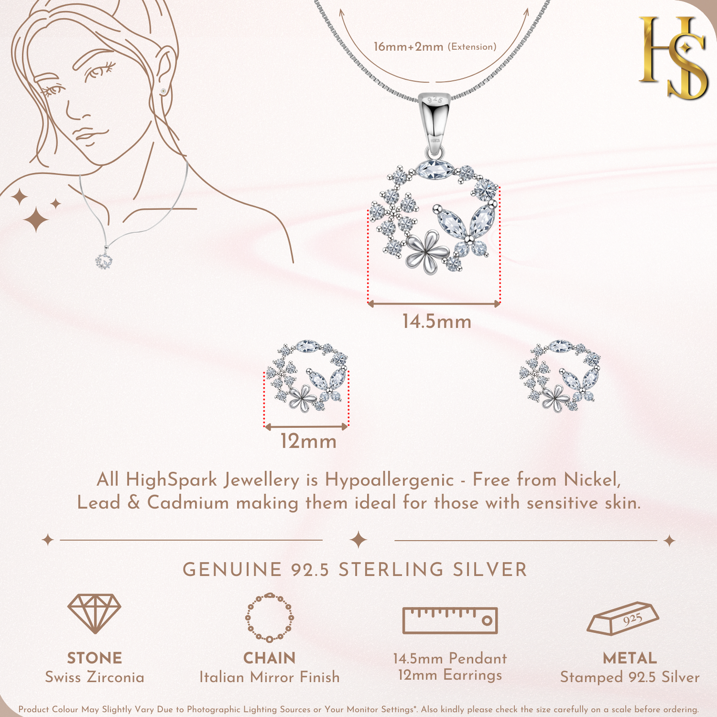 Butterfly Flower Wreath Solitaire Earrings, Pendant & Chain Set in 92.5 Sterling Silver With Diamond like Brilliance Sparkling Zirconia