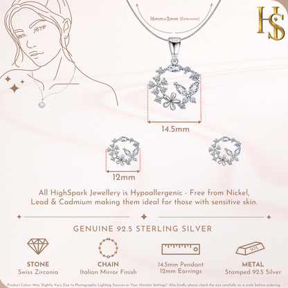 Butterfly Flower Wreath Solitaire Earrings, Pendant & Chain Set in 92.5 Sterling Silver With Diamond like Brilliance Sparkling Zirconia