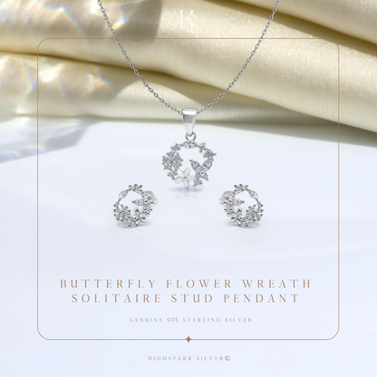 Butterfly Flower Wreath Solitaire Earrings, Pendant & Chain Set in 92.5 Sterling Silver With Diamond like Brilliance Sparkling Zirconia