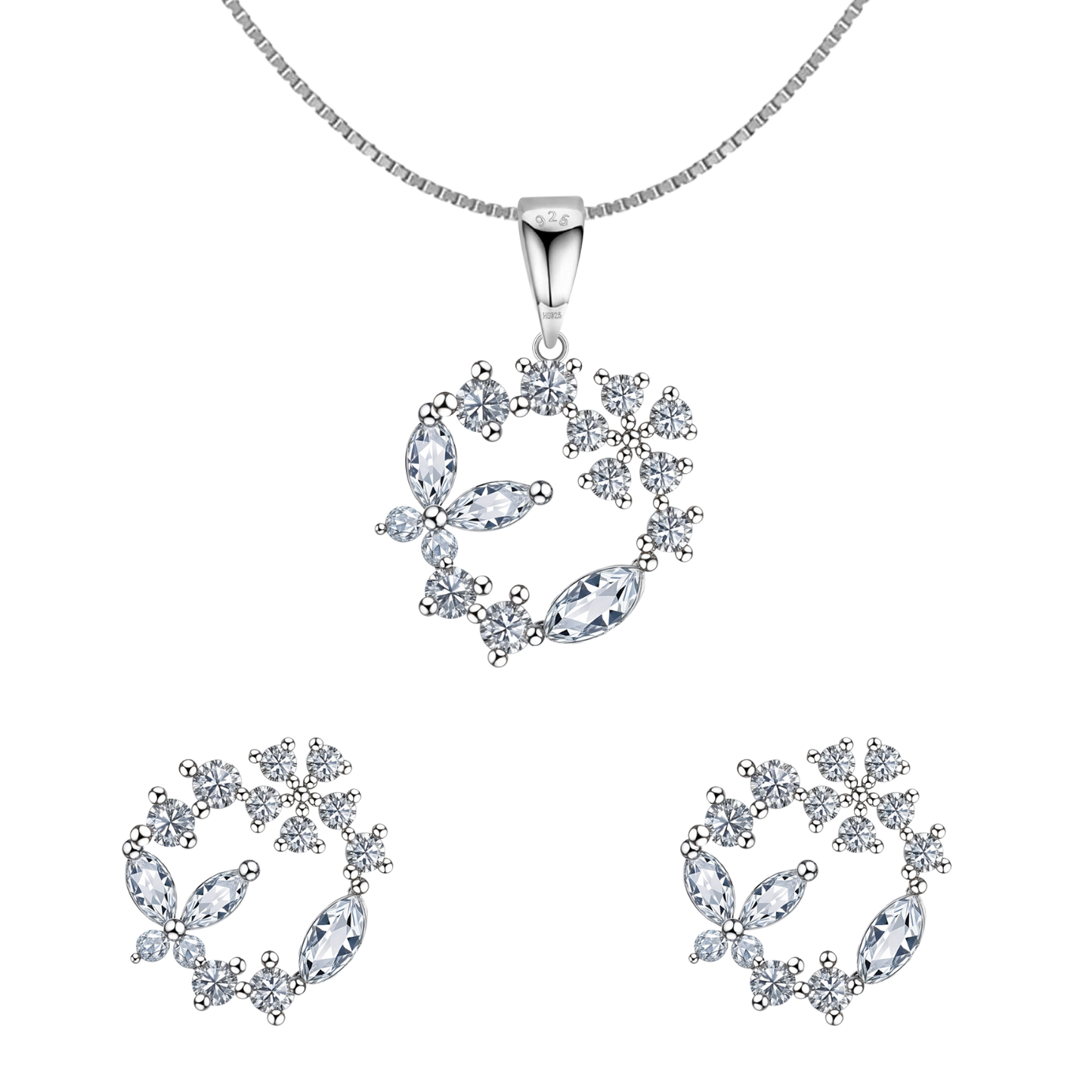 Dazzling Butterfly Wreath Solitaire Earrings, Pendant & Chain Set in 92.5 Sterling Silver With Diamond like Brilliance Sparkling Zirconia