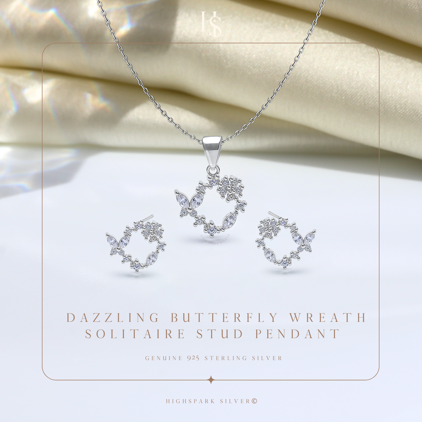 Dazzling Butterfly Wreath Solitaire Earrings, Pendant & Chain Set in 92.5 Sterling Silver With Diamond like Brilliance Sparkling Zirconia