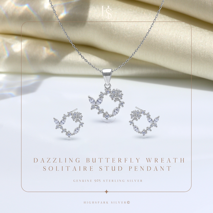 Dazzling Butterfly Wreath Solitaire Earrings, Pendant & Chain Set in 92.5 Sterling Silver With Diamond like Brilliance Sparkling Zirconia