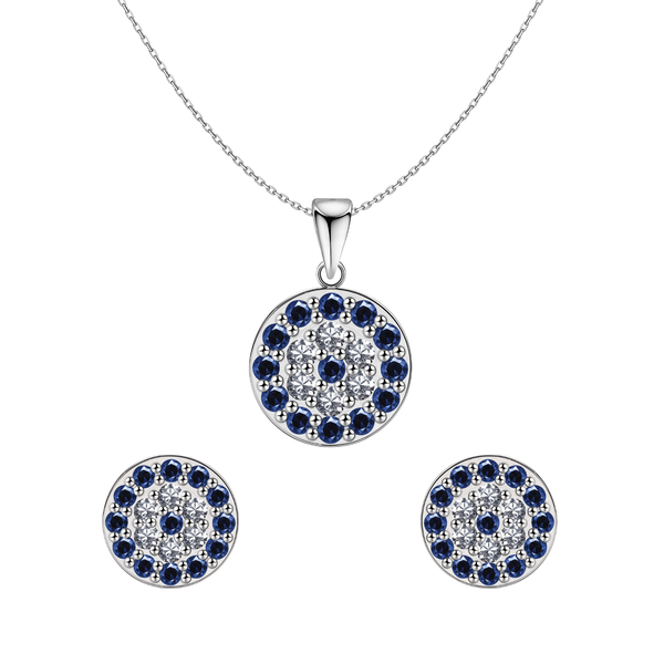 A sterling silver pendant necklace and matching stud earrings set with a circular evil eye motif.