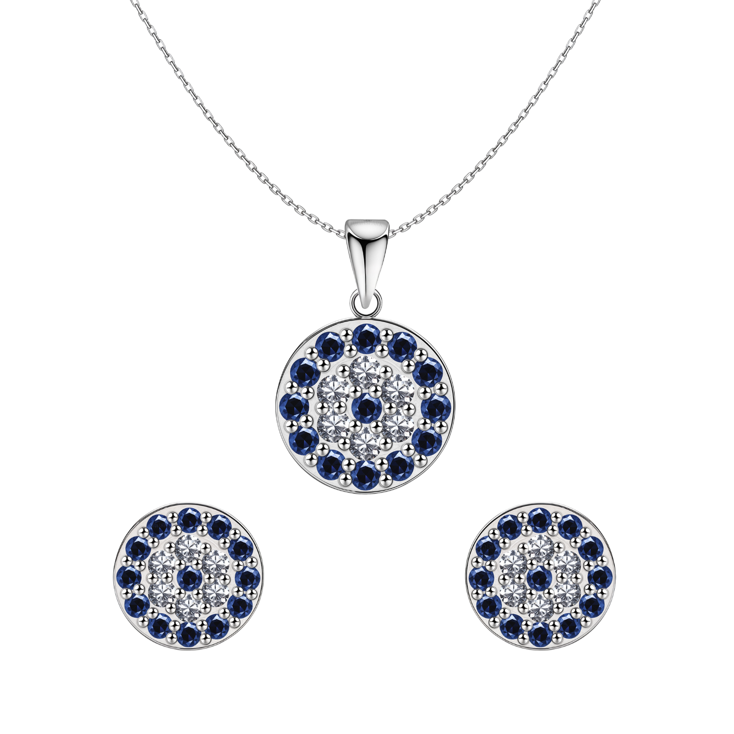 Dark Blue Sparkling Evil Studd Pendant With Earrings In 925 Sterling Silver For Women