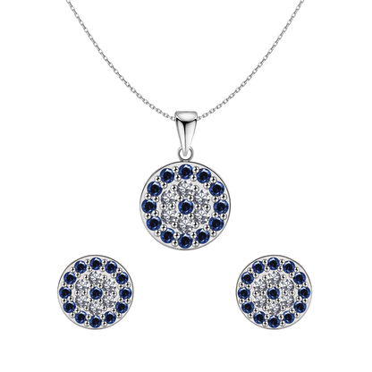 Dark Blue Sparkling Evil Studd Pendant With Earrings In 925 Sterling Silver For Women