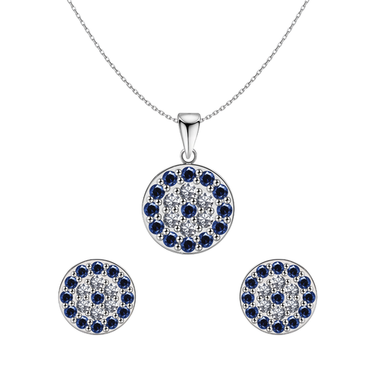 Dark Blue Sparkling Evil Studd Pendant With Earrings In 925 Sterling Silver For Women