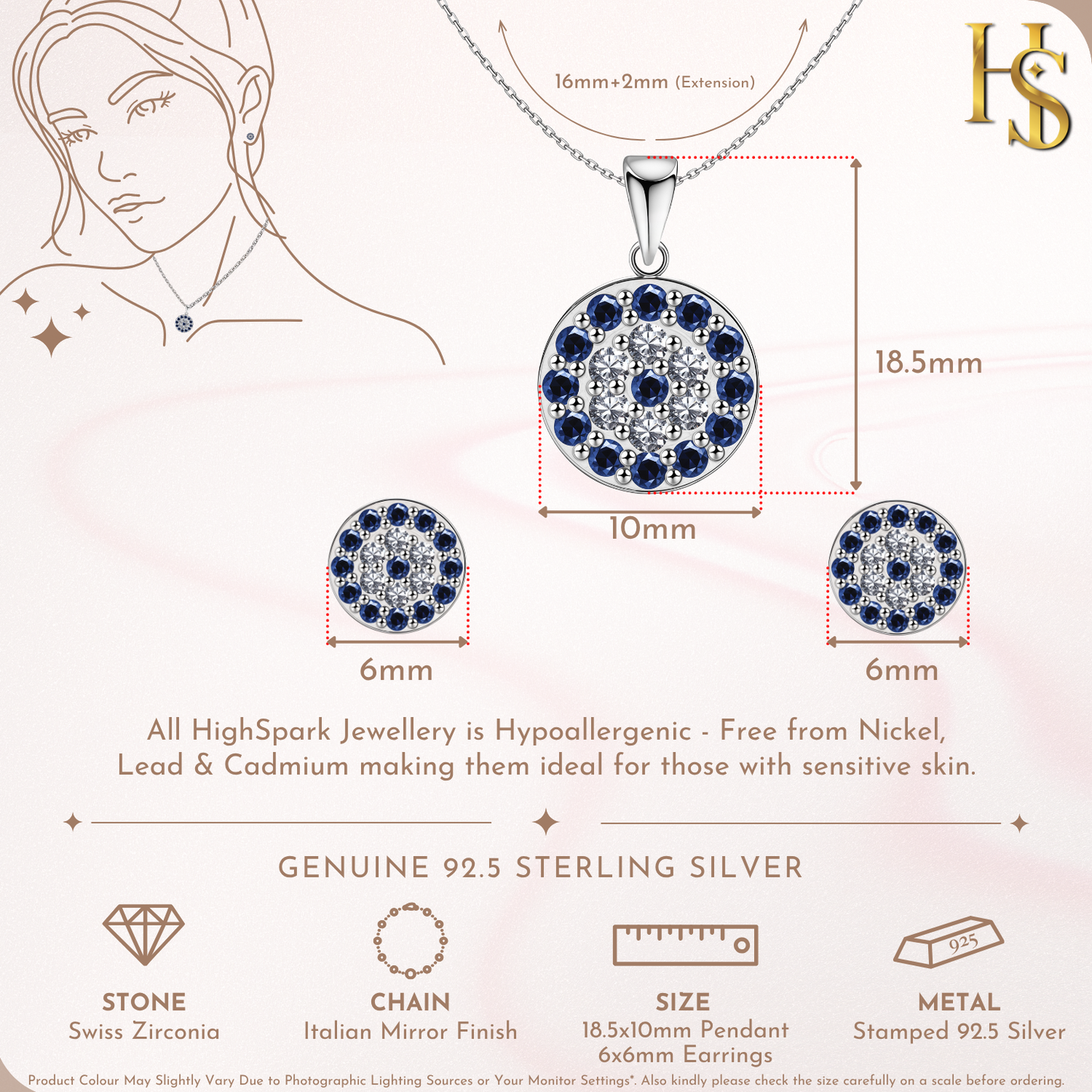 Dark Blue Sparkling Evil Studd Pendant With Earrings In 925 Sterling Silver For Women