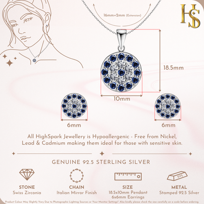 Dark Blue Sparkling Evil Studd Pendant With Earrings In 925 Sterling Silver For Women