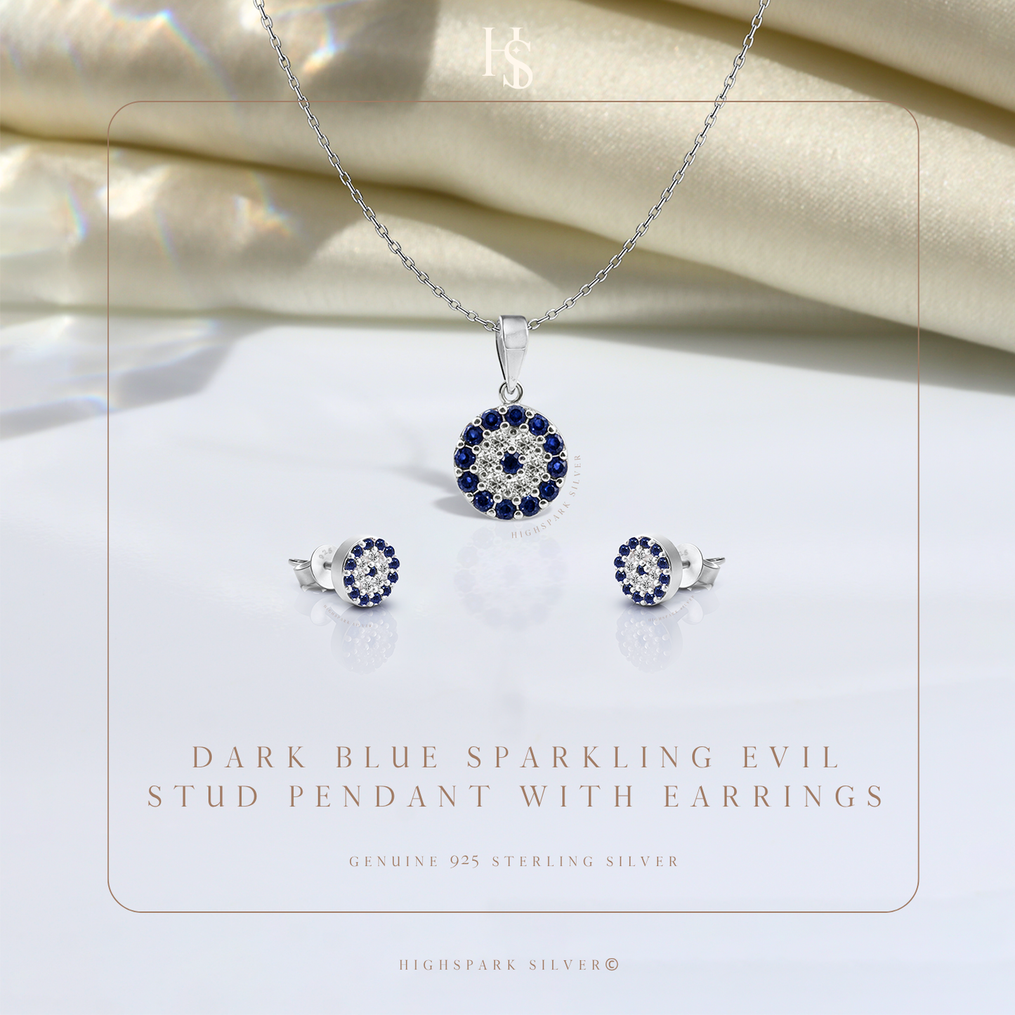 Dark Blue Sparkling Evil Studd Pendant With Earrings In 925 Sterling Silver For Women