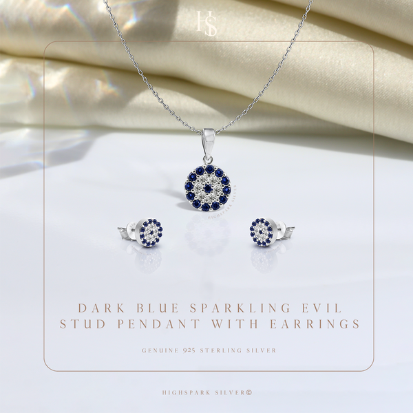 Dark Blue Sparkling Evil Studd Pendant With Earrings In 925 Sterling Silver For Women
