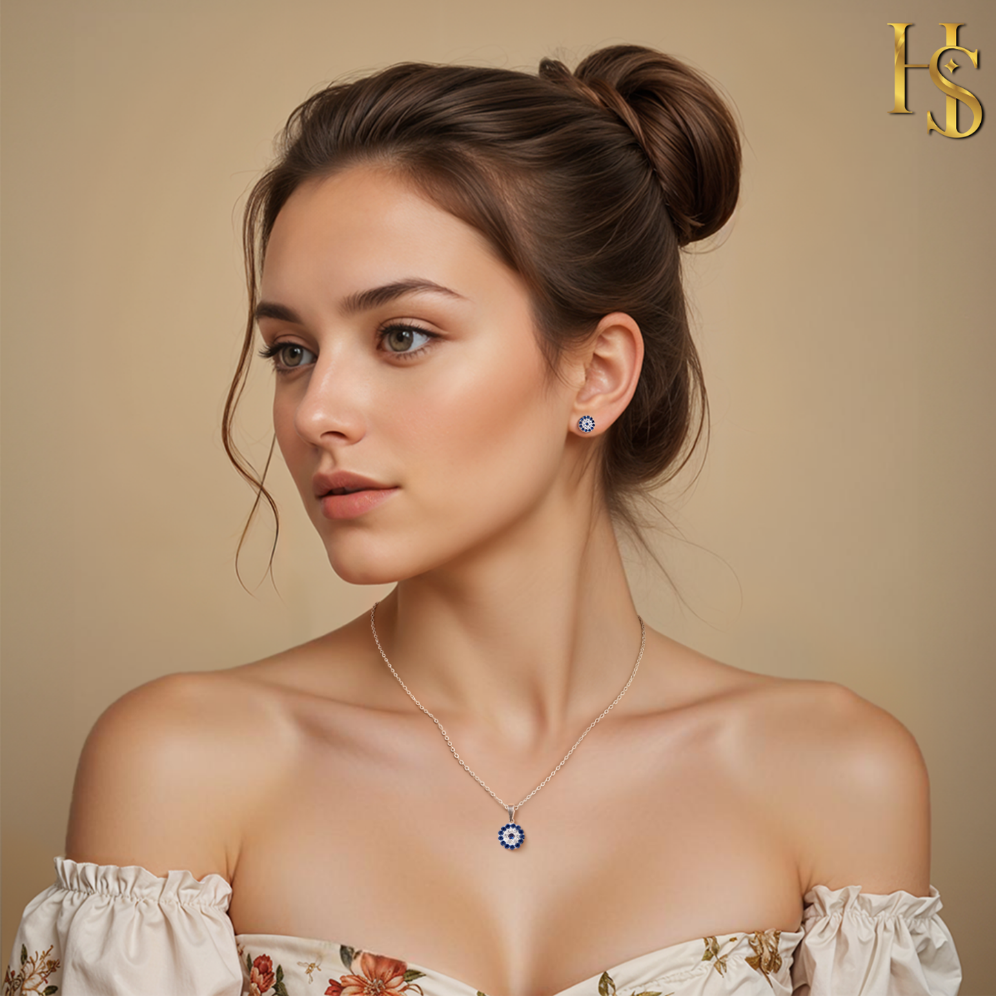 Dark Blue Sparkling Evil Studd Pendant With Earrings In 925 Sterling Silver For Women