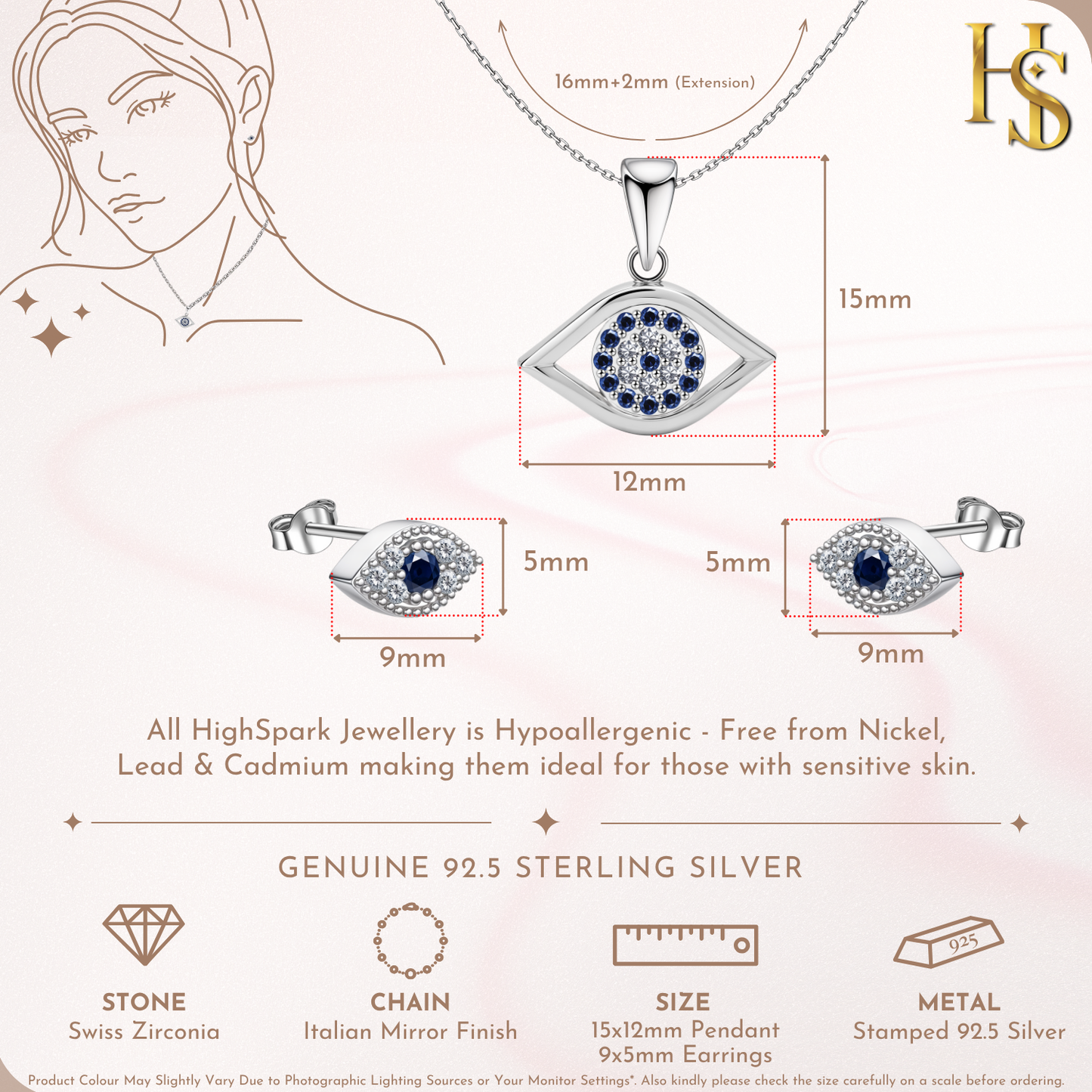 Enchating Evil Eye Set-Pendant With Earrings In 925 Sterling Silver For Women