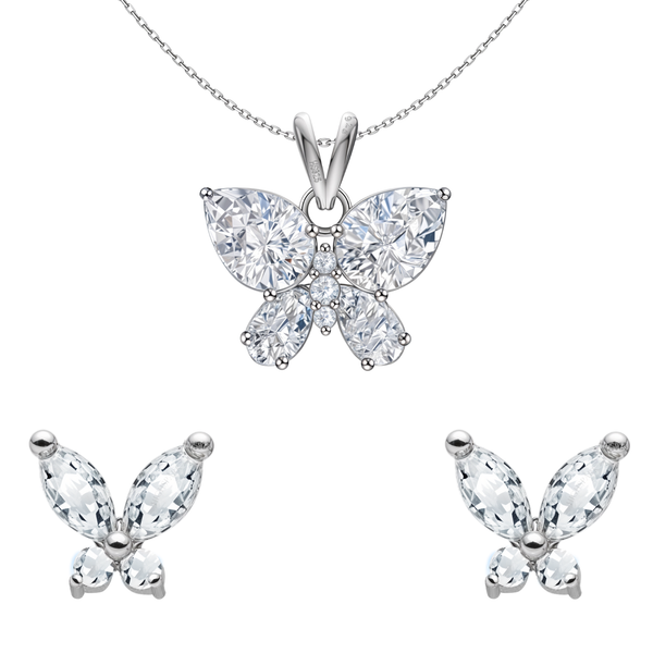 A sterling silver jewellery set with a butterfly pendant necklace and matching stud earrings made of pear and round-cut American diamonds.