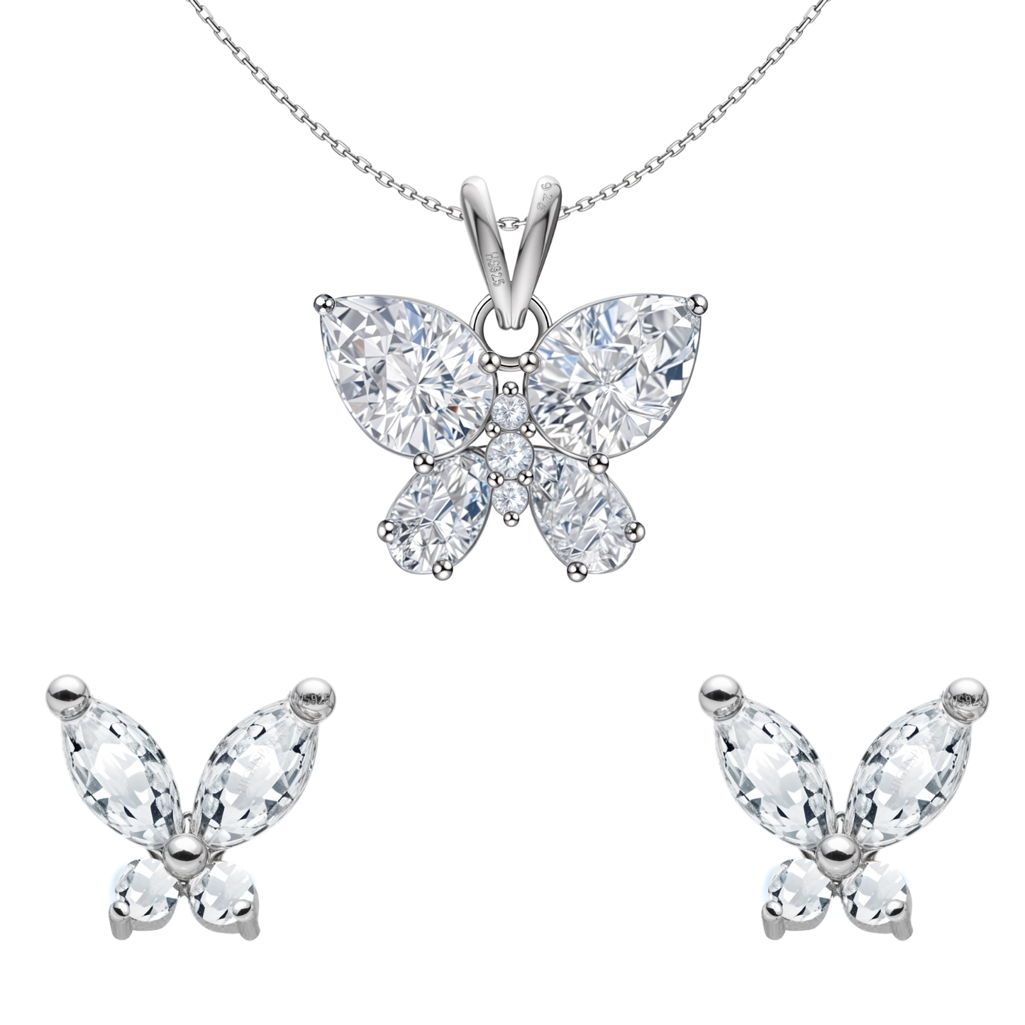 Studded Butterfly Solitaire Earrings, Pendant & Chain Set in 92.5 Sterling Silver With Diamond like Brilliance Zirconia