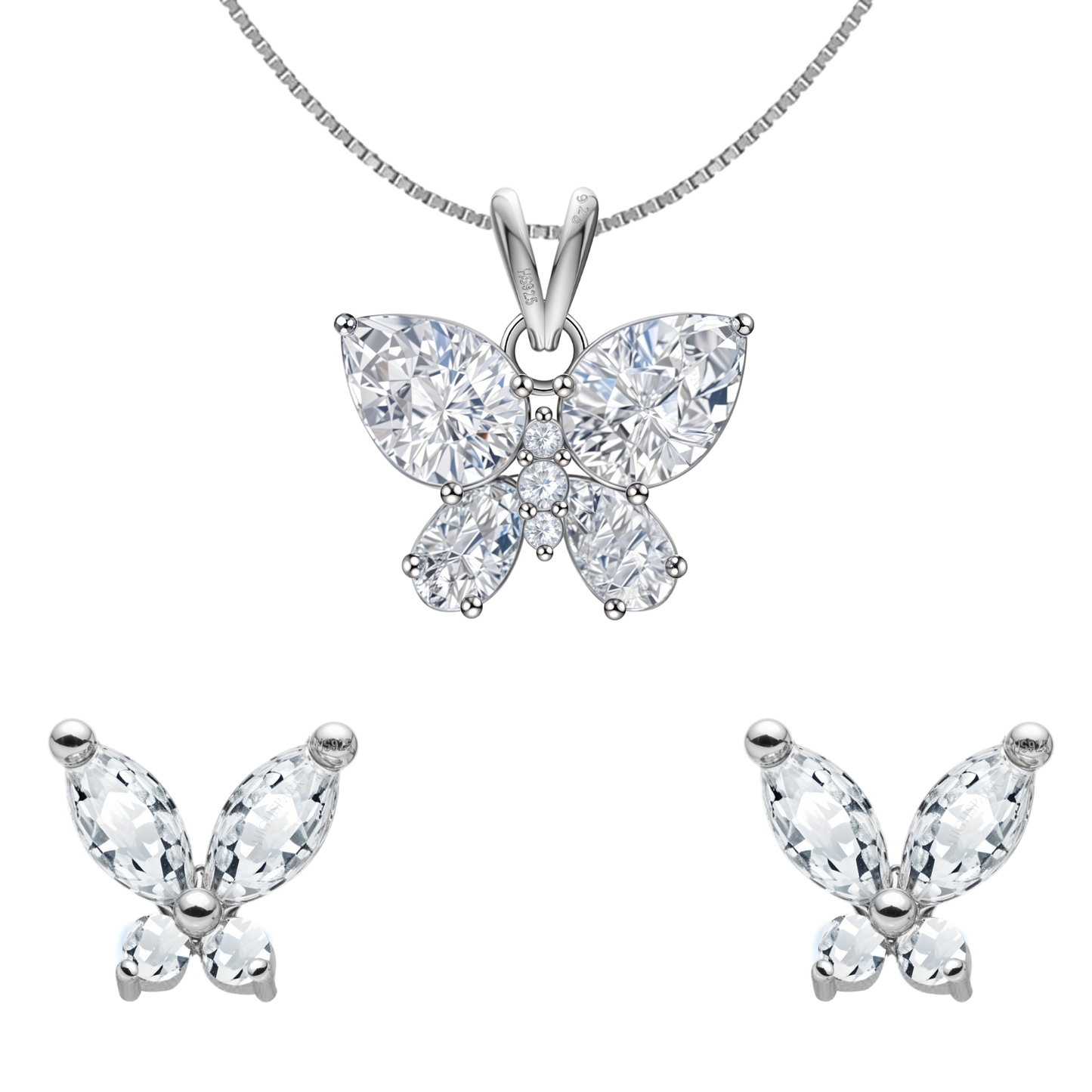 Studded Butterfly Solitaire Earrings, Pendant & Chain Set in 92.5 Sterling Silver With Diamond like Brilliance Zirconia