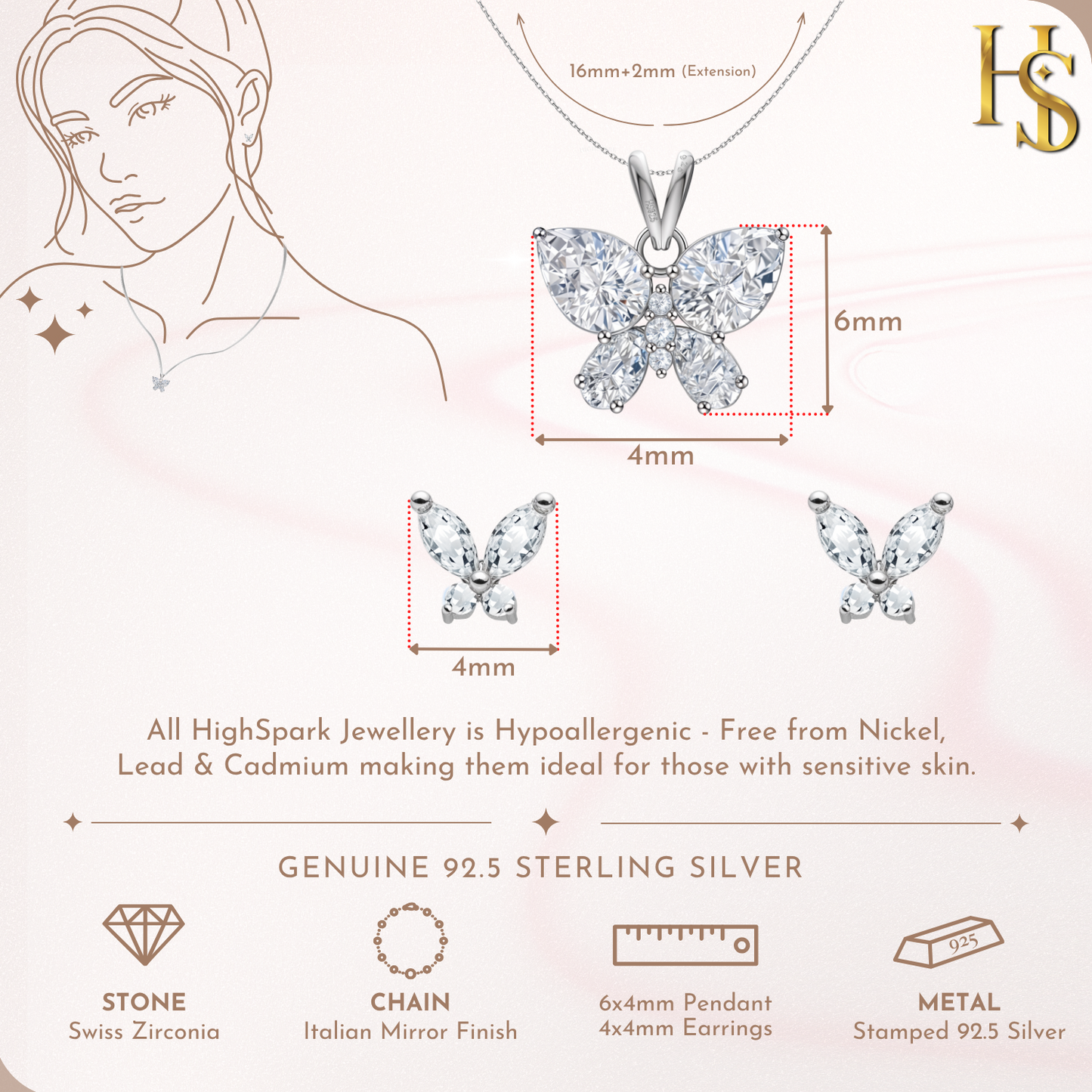 Studded Butterfly Solitaire Earrings, Pendant & Chain Set in 92.5 Sterling Silver With Diamond like Brilliance Zirconia