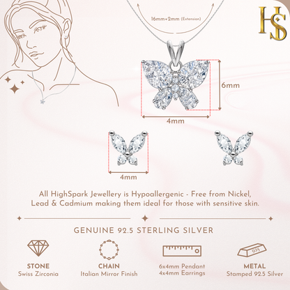 Studded Butterfly Solitaire Earrings, Pendant & Chain Set in 92.5 Sterling Silver With Diamond like Brilliance Zirconia