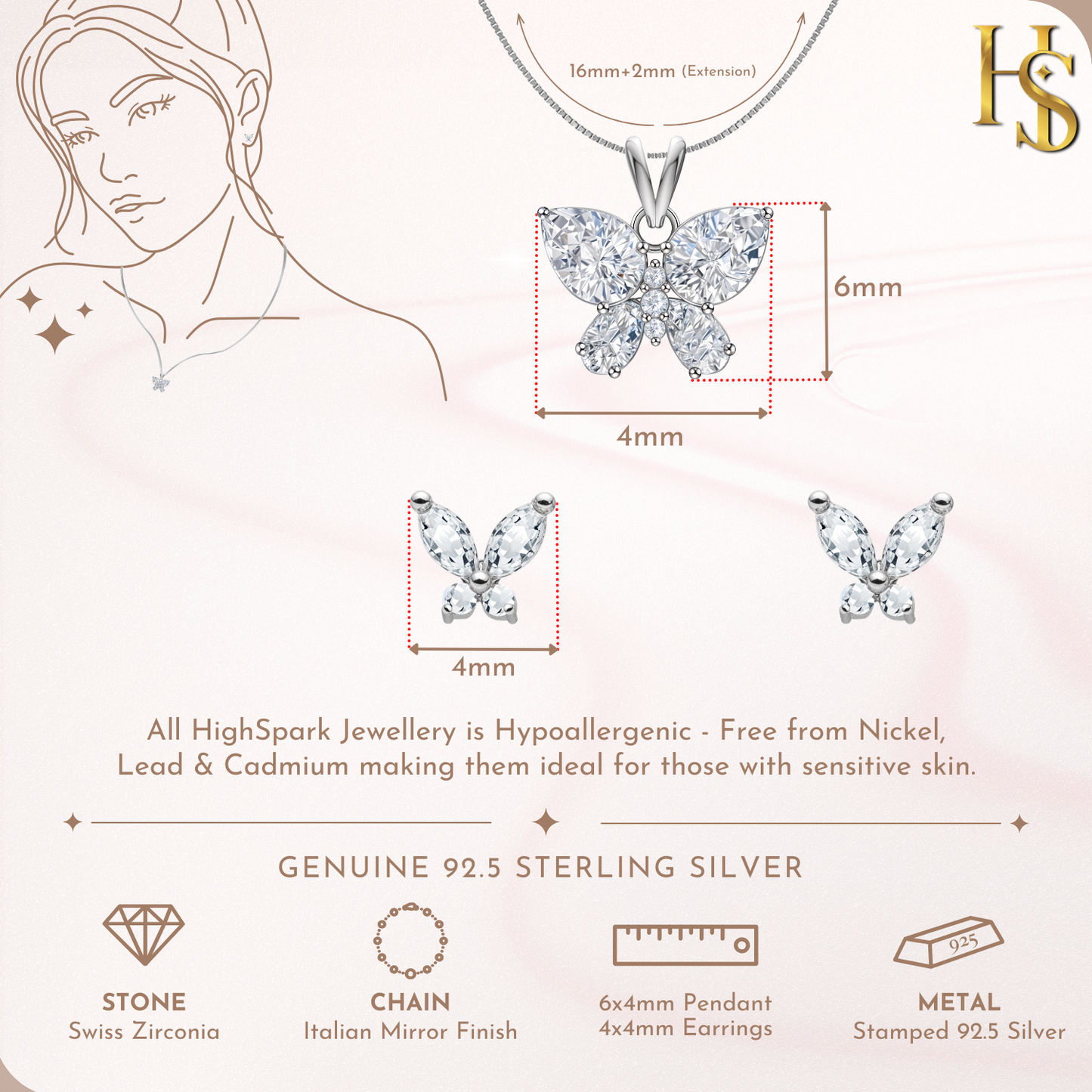 Studded Butterfly Solitaire Earrings, Pendant & Chain Set in 92.5 Sterling Silver With Diamond like Brilliance Zirconia