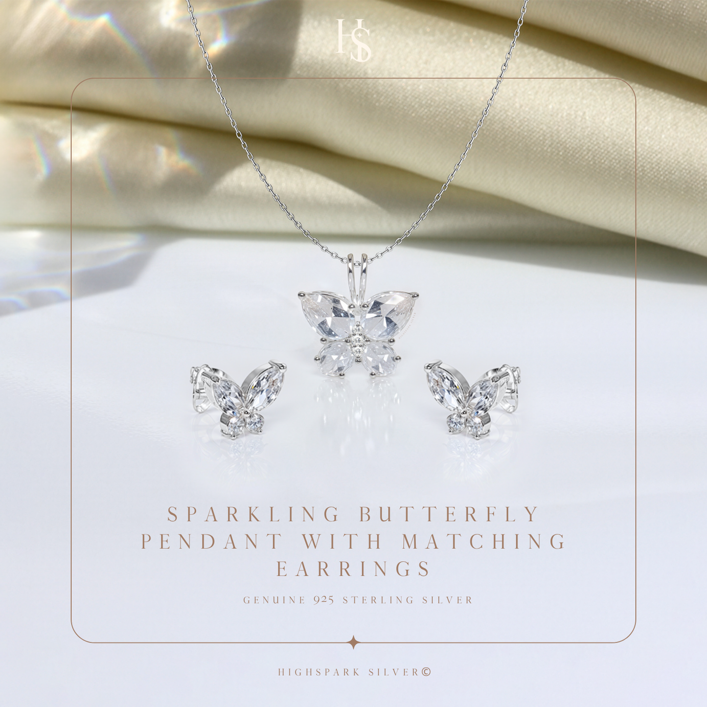 Studded Butterfly Solitaire Earrings, Pendant & Chain Set in 92.5 Sterling Silver With Diamond like Brilliance Zirconia