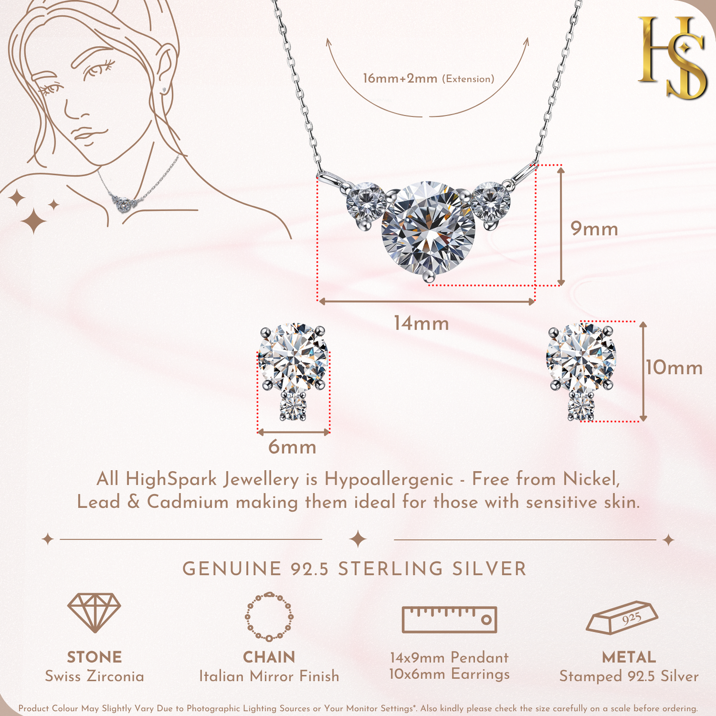 Radiant Solitaire Earrings, Pendant & Chain Set in 92.5 Sterling Silver With Diamond like Brilliance Zirconia