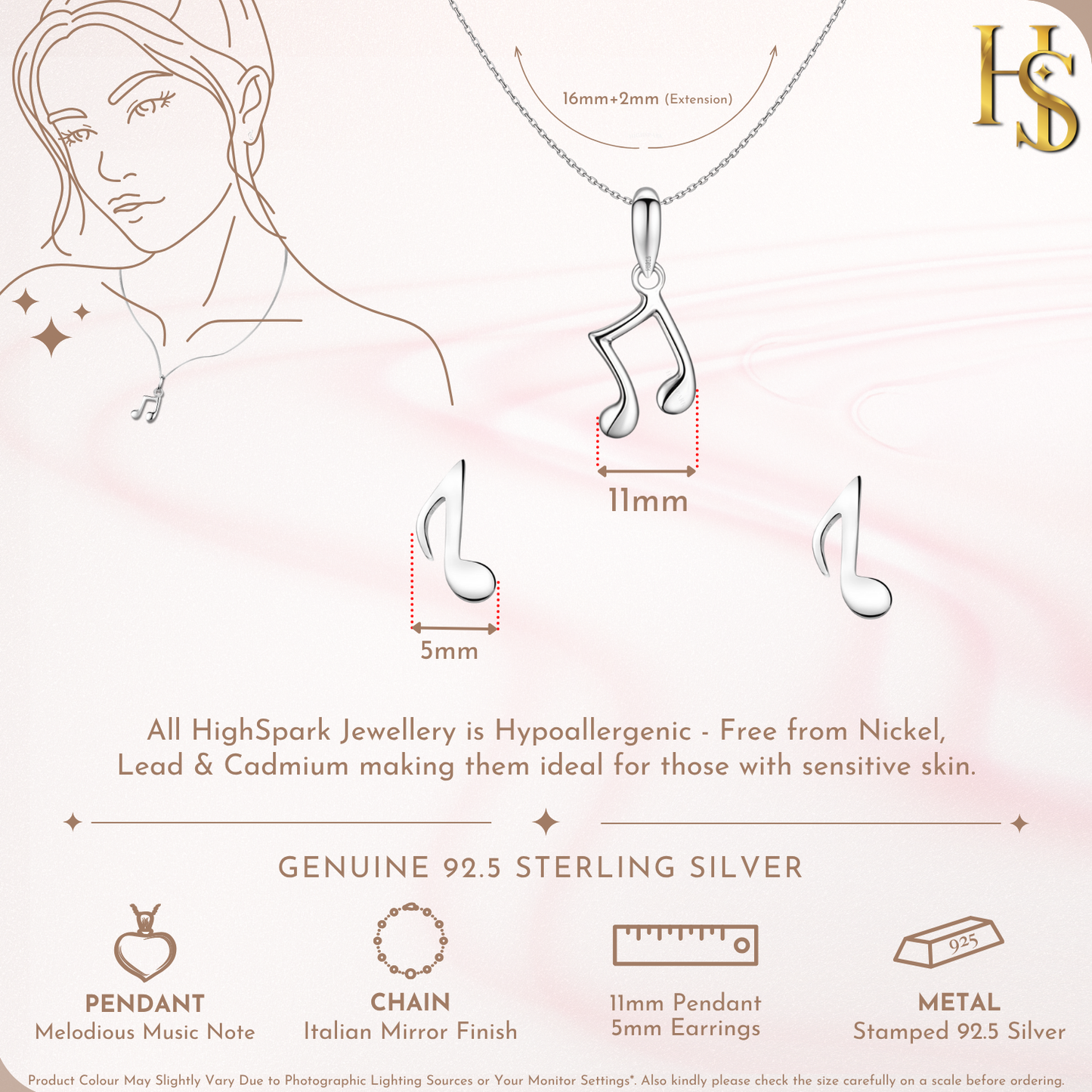 Music Note Earrings, Pendant & Chain Set in 92.5 Sterling Silver For Women