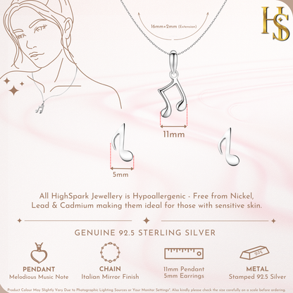 Music Note Earrings, Pendant & Chain Set in 92.5 Sterling Silver For Women