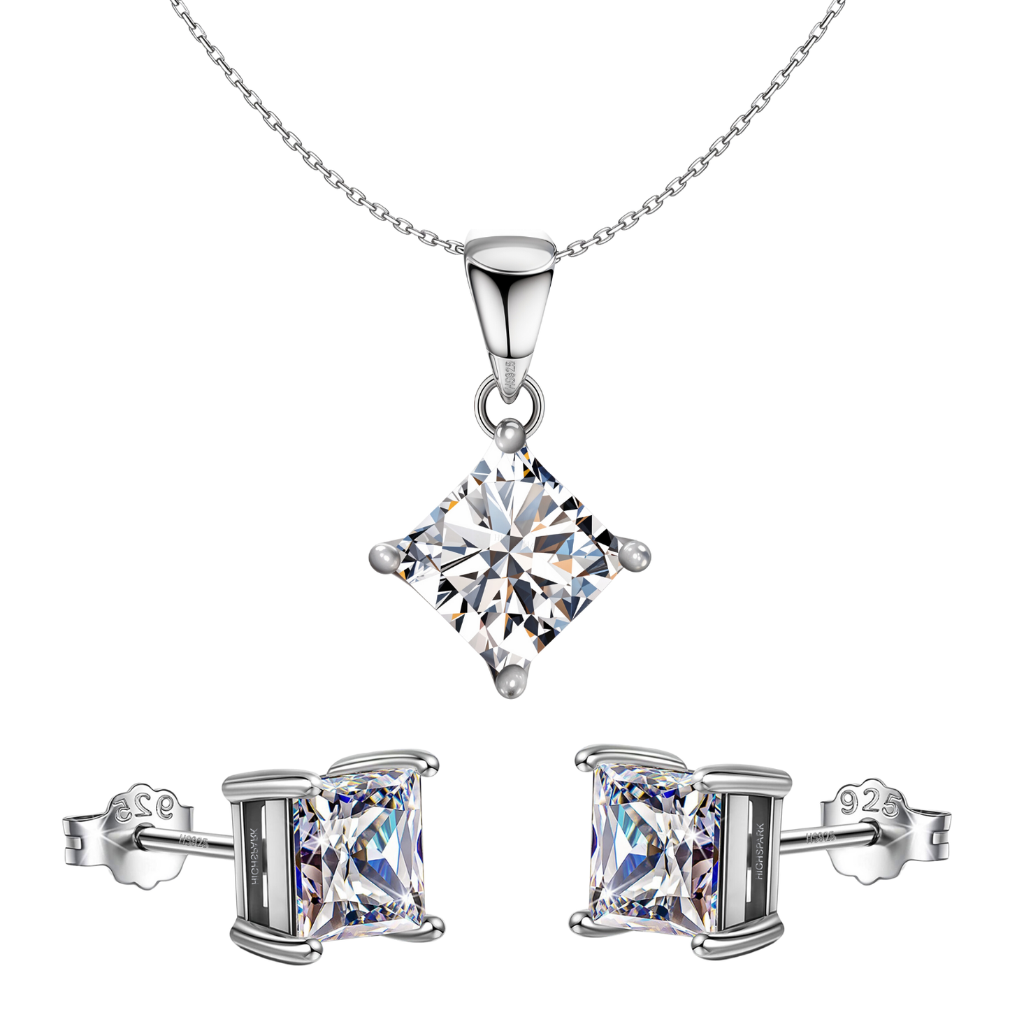 Princess Diamond Solitaire Earrings, Pendant & Chain Set in 92.5 Sterling Silver With Diamond like Brilliance Zirconia