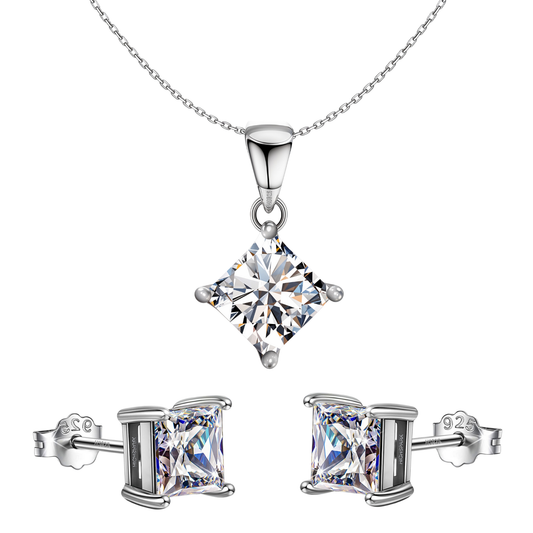 Princess Diamond Solitaire Earrings, Pendant & Chain Set in 92.5 Sterling Silver With Diamond like Brilliance Zirconia