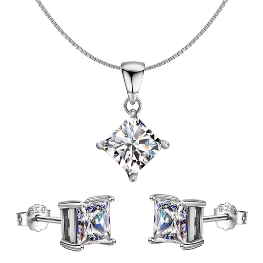 Princess Diamond Solitaire Earrings, Pendant & Chain Set in 92.5 Sterling Silver With Diamond like Brilliance Zirconia