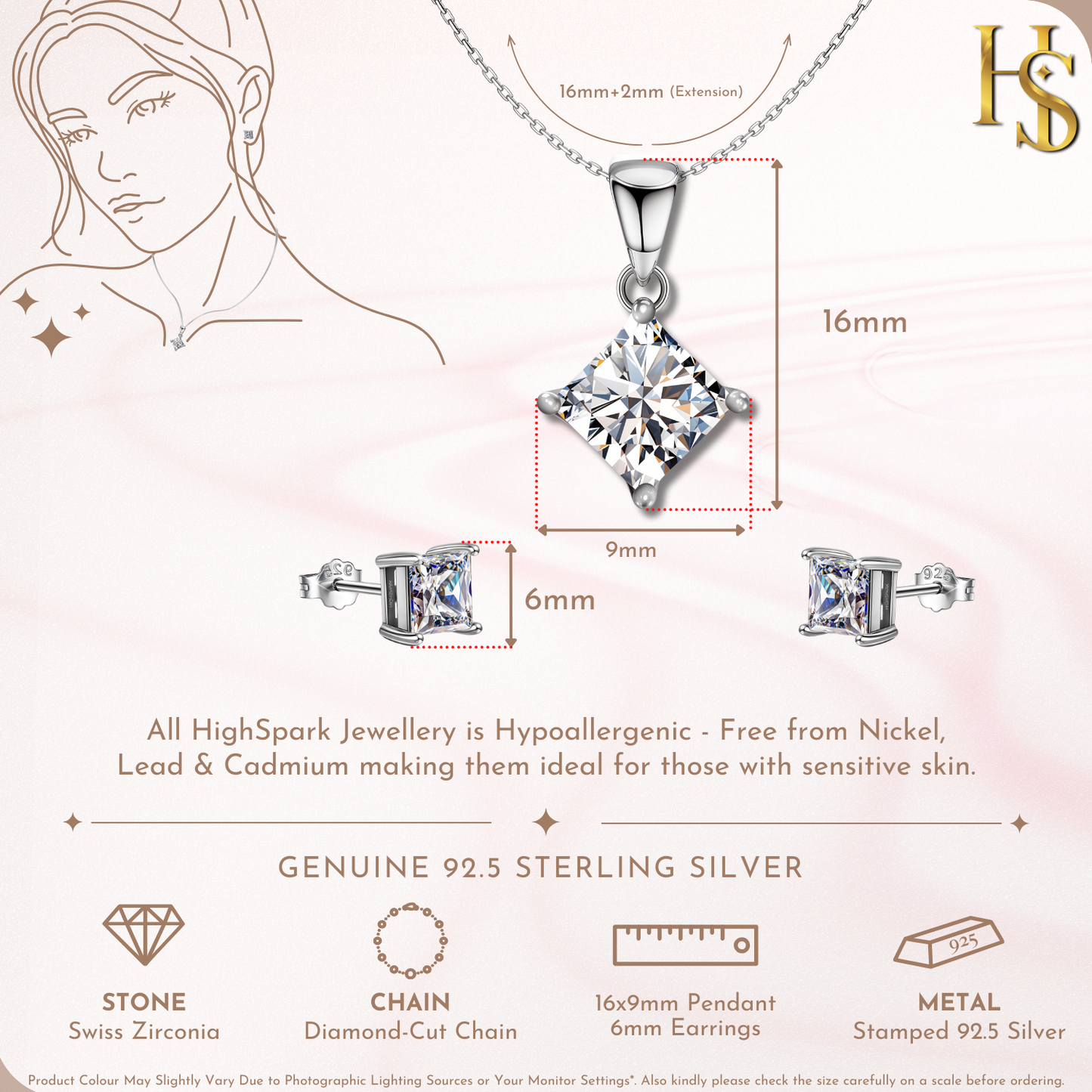 Princess Diamond Solitaire Earrings, Pendant & Chain Set in 92.5 Sterling Silver With Diamond like Brilliance Zirconia